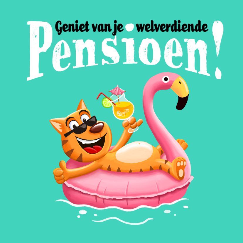 Felicitatiekaarten - Pensioenkaartje kat relaxt in flamingo zwemband