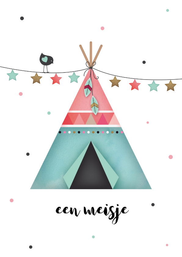 Tipi tent meisje slinger met sterretjes en vogeltje - Felicitatiekaarten Felicitatiekaarten - Tipi tent meisje slinger met sterretjes en vogeltje