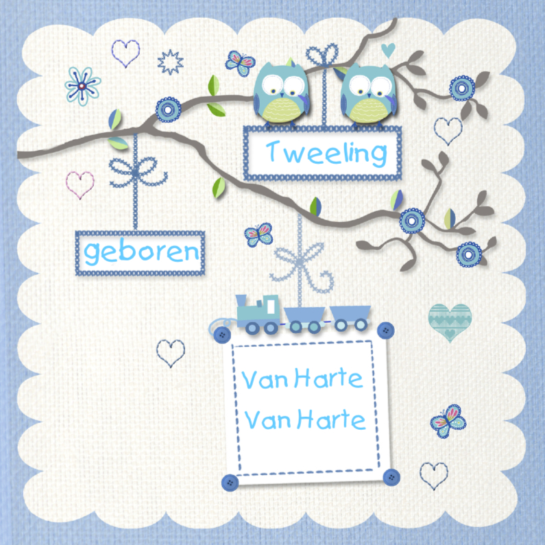 Van Harte tweeling uiltje jongen - Felicitatiekaarten Felicitatiekaarten - Van Harte tweeling uiltje jongen