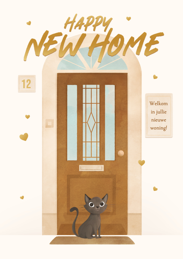 Felicitatiekaarten - Verhuisd gefeliciteerd voordeur poes nieuw huis hartjes