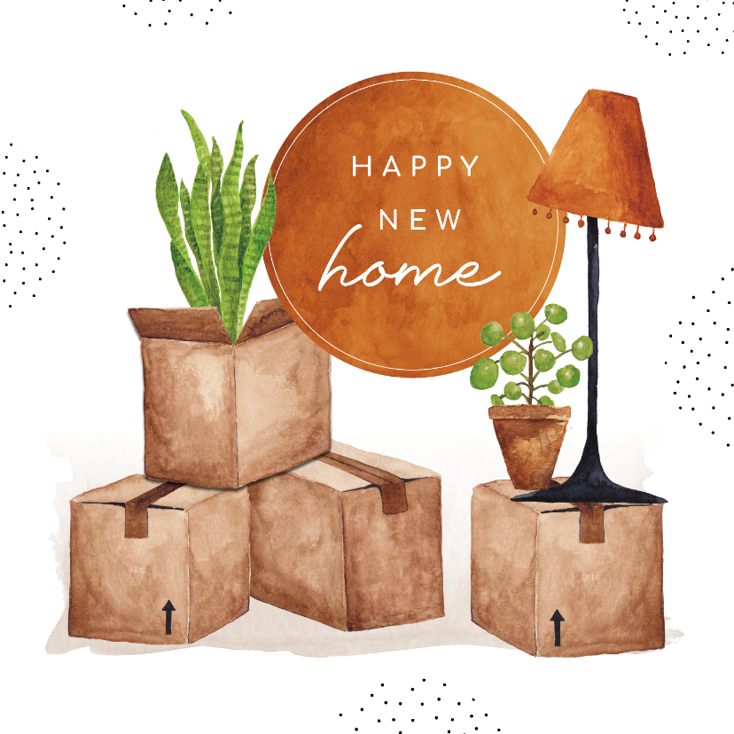 Felicitatiekaarten - Verhuiskaart met verhuisdozen en spullen happy new home