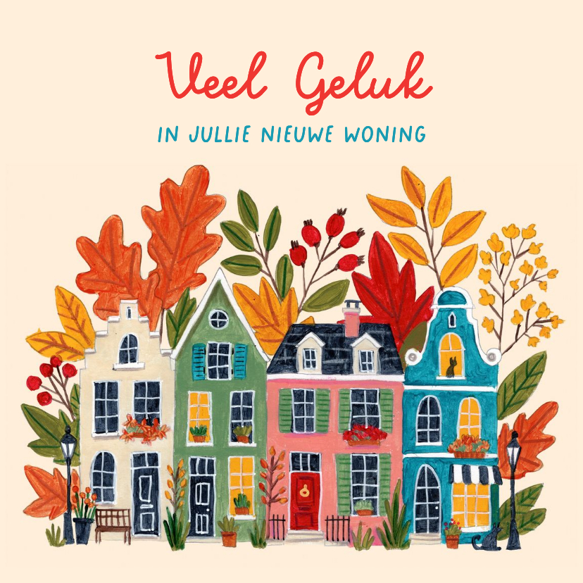 Verhuiskaart nieuwe woning met kleurrijke herfsthuizen - Felicitatiekaarten Felicitatiekaarten - Verhuiskaart nieuwe woning met kleurrijke herfsthuizen