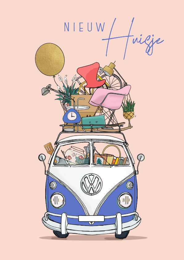 Verhuiskaart vw bus met ballon - Felicitatiekaarten Felicitatiekaarten - Verhuiskaart vw bus met ballon