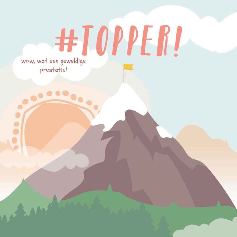 Felicitatiekaarten - Vierkante kaart met getekende berg met een vlag erop #topper