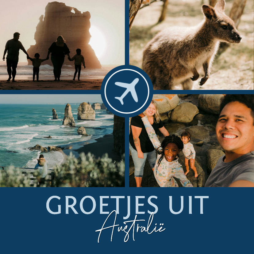 Fotokaarten - Donkerblauw fotokaartje vakantiegroet met vliegtuigje