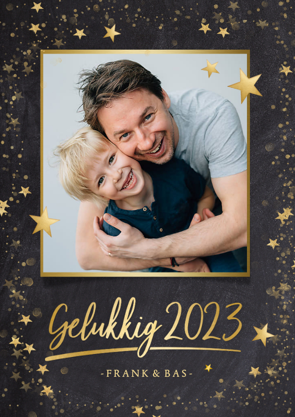 Foto nieuwjaarskaart zwart met gouden ster en 1 grote foto - Fotokaarten Fotokaarten - Foto nieuwjaarskaart zwart met gouden ster en 1 grote foto