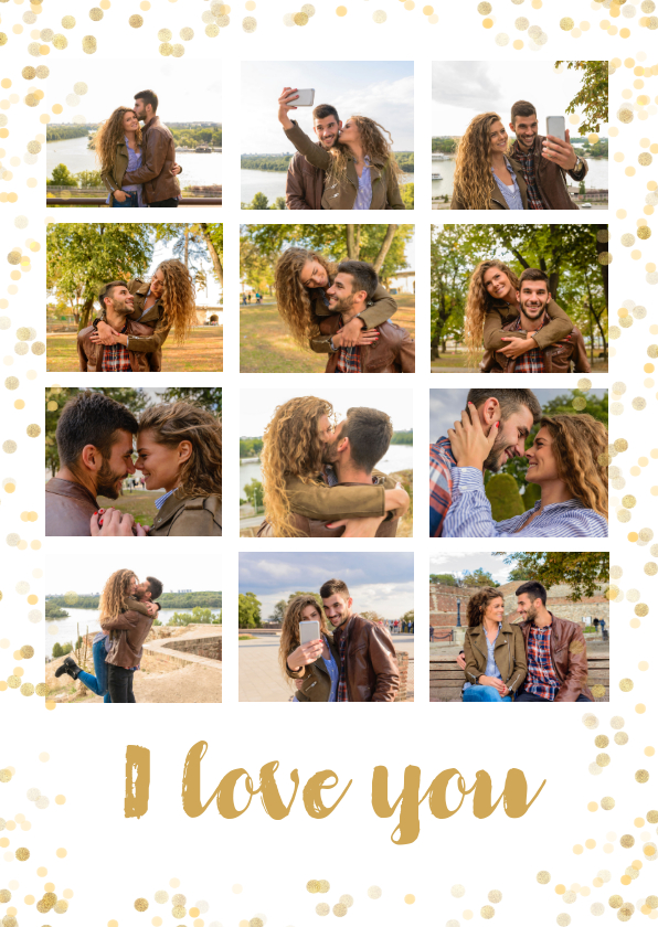 Fotokaarten - Fotocollage kaart met 12 eigen foto's en gouden confetti 
