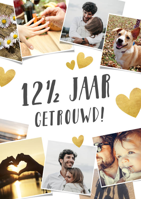 Fotocollage kaart met 8 polaroid en gouden hartjes jubileum - Fotokaarten Fotokaarten - Fotocollage kaart met 8 polaroid en gouden hartjes jubileum
