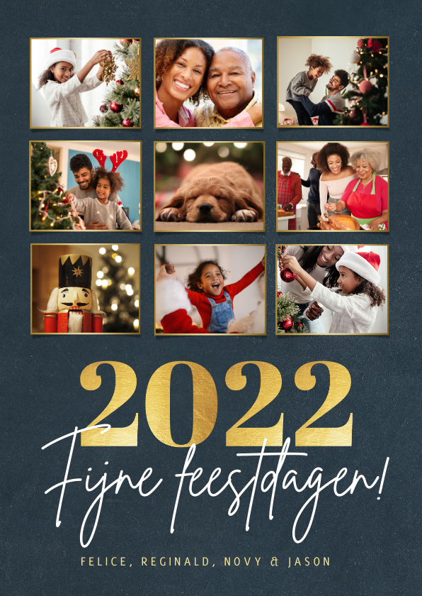 Fotocollage kerstkaart met 9 foto en gouden jaartal 2022 - Fotokaarten Fotokaarten - Fotocollage kerstkaart met 9 foto en gouden jaartal 2022