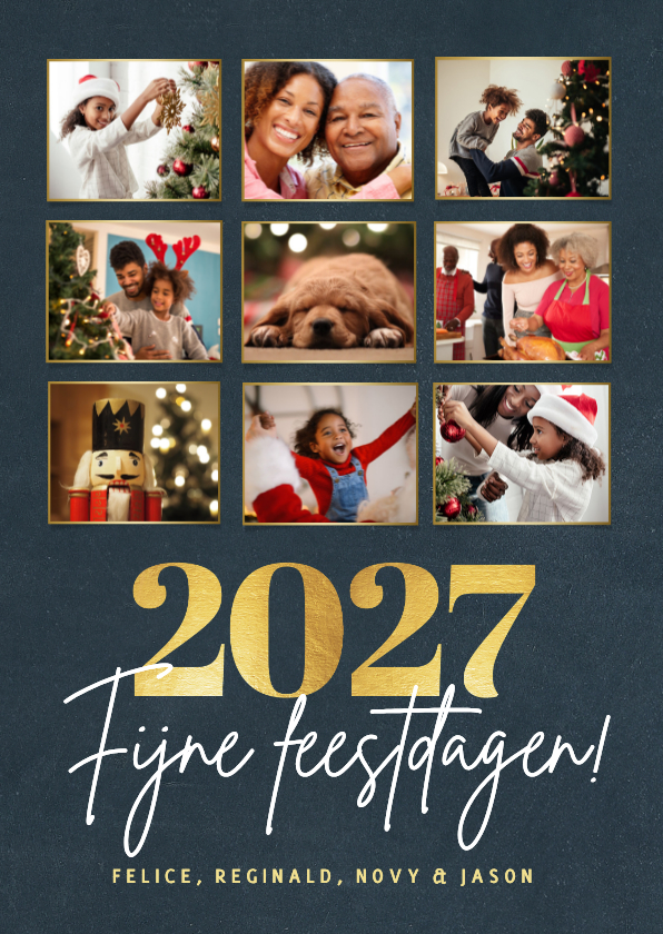 Fotokaarten - Fotocollage kerstkaart met 9 foto en gouden jaartal 2027