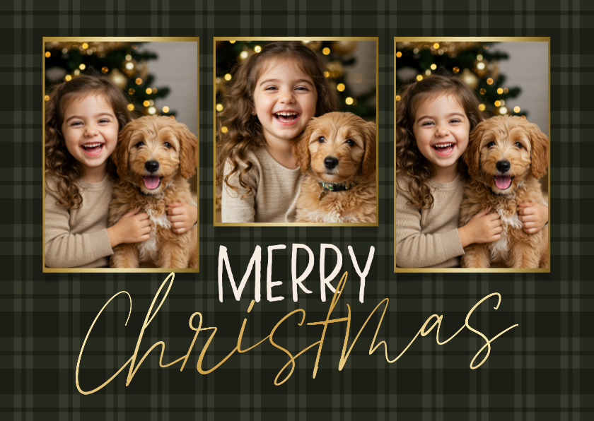 Fotocollage kerstkaart ruitjes groen merry christmas - Fotokaarten Fotokaarten - Fotocollage kerstkaart ruitjes groen merry christmas