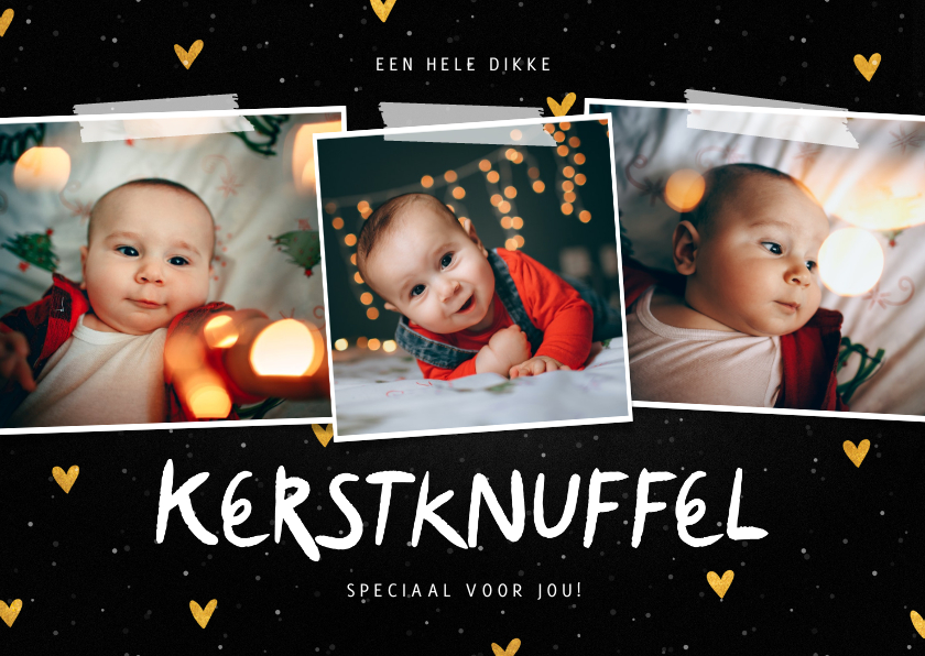 Fotokaarten - Fotocollage kerstknuffel met gouden hartjes