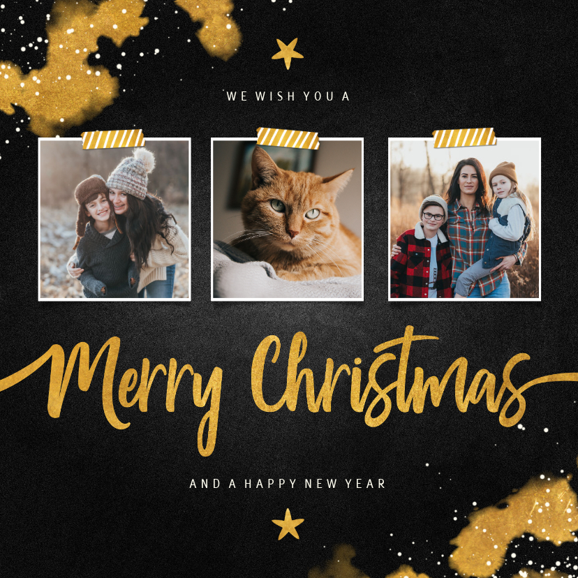 Fotokaarten - Fotocollage Merry Christmas krijtbord met goud
