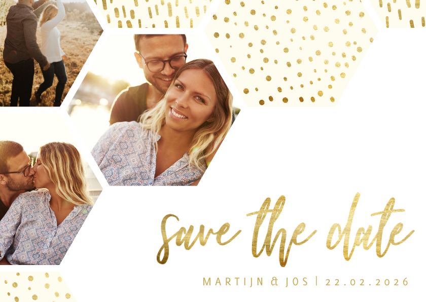 fotocollage zeshoek fotocollage met gouden confetti - Fotokaarten Fotokaarten - fotocollage zeshoek fotocollage met gouden confetti
