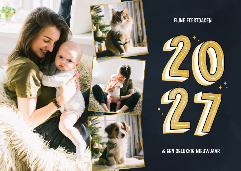 Fotokaarten - Fotokaart 2027 donkerblauw met fotocollage en goud