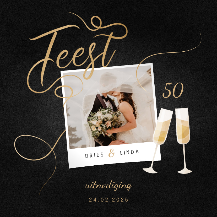 Fotokaart champagne met foto en gouden linten - Fotokaarten Fotokaarten - Fotokaart champagne met foto en gouden linten