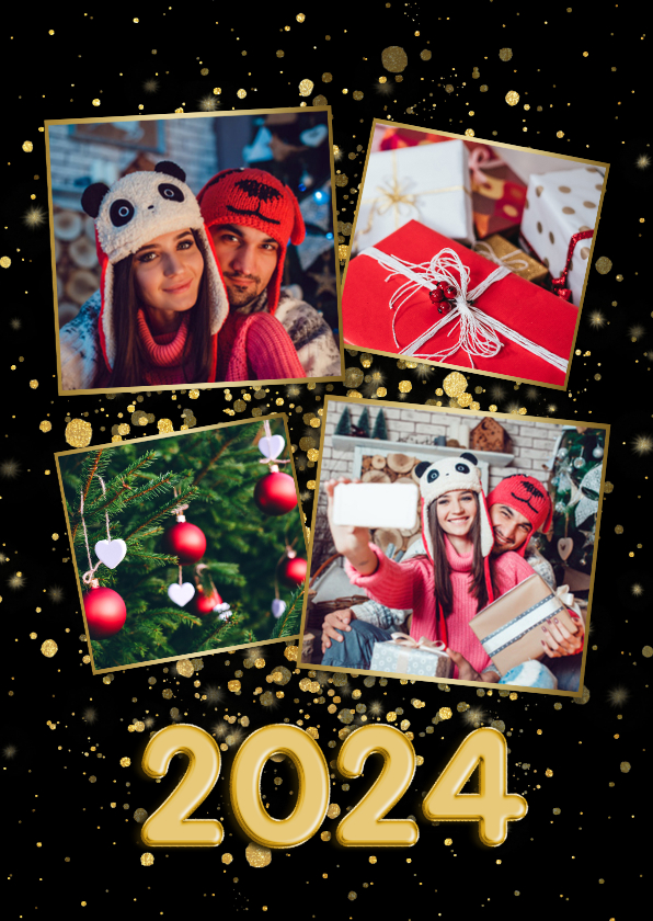 Fotokaarten - Fotokaart collage 4 foto's met gouden confetti 2024