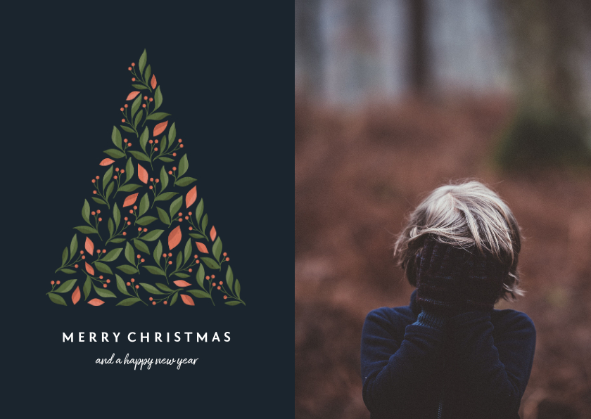 Fotokaart donker met botanische kerstboom en foto - Fotokaarten Fotokaarten - Fotokaart donker met botanische kerstboom en foto