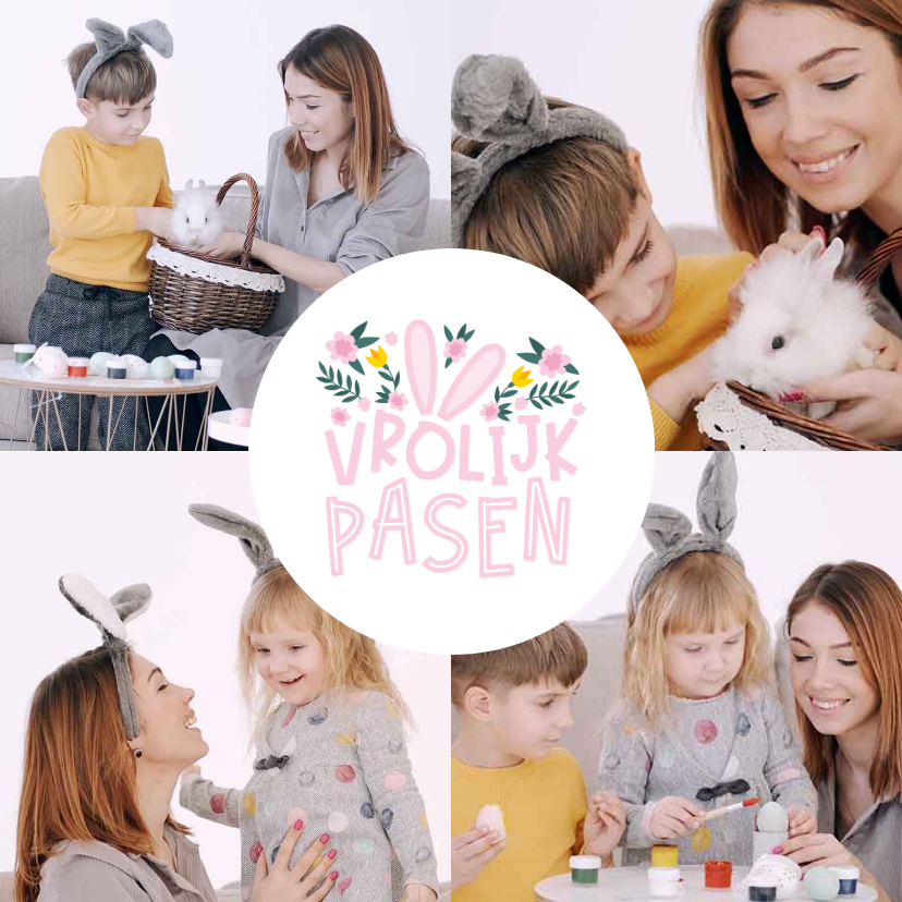 Fotokaart fotocollage vrolijk pasen met oortjes - Fotokaarten Fotokaarten - Fotokaart fotocollage vrolijk pasen met oortjes