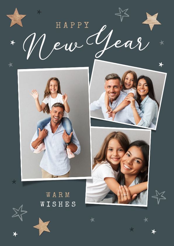 Fotokaart happy new year fotocollage sterren hout - Fotokaarten Fotokaarten - Fotokaart happy new year fotocollage sterren hout