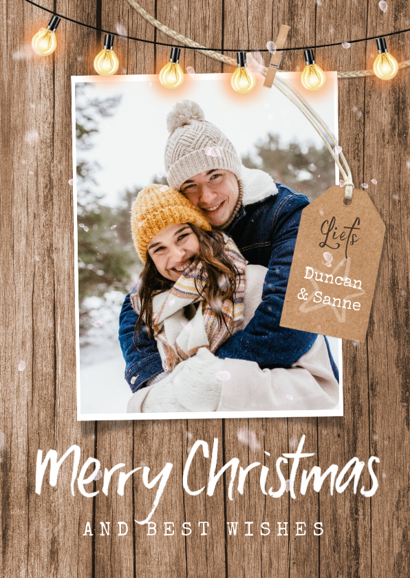 Fotokaart hout lampjes label foto merry christmas sneeuw - Fotokaarten Fotokaarten - Fotokaart hout lampjes label foto merry christmas sneeuw