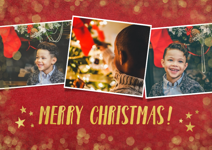 Fotokaarten - fotokaart kerst collage met goud en 3 eigen foto's
