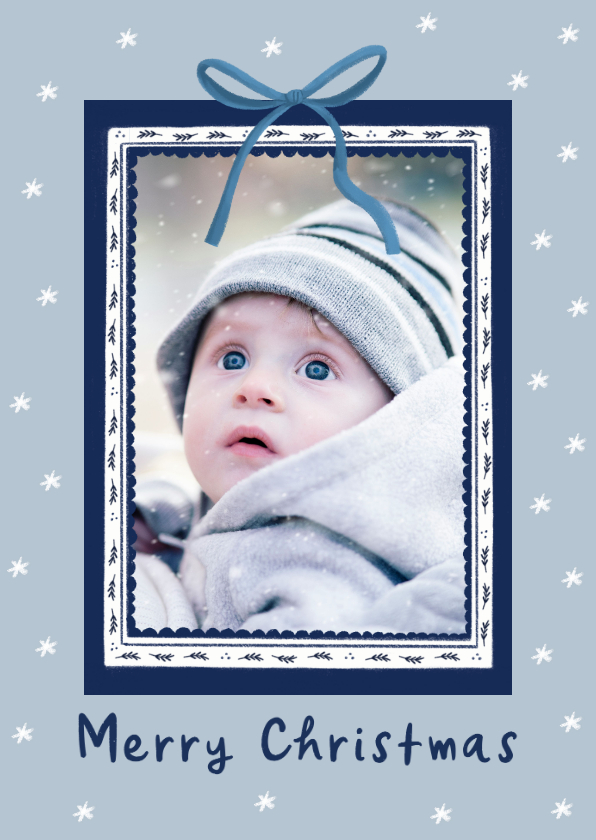 Fotokaart kerst Delftsblauw fotokader strik - Fotokaarten Fotokaarten - Fotokaart kerst Delftsblauw fotokader strik