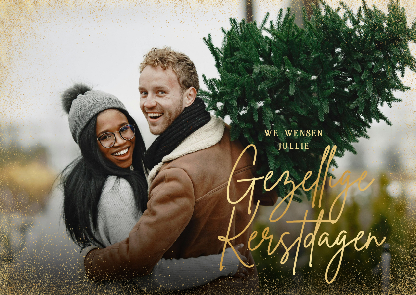 Fotokaarten - Fotokaart kerst grote foto en gouden rand gezellige kerst