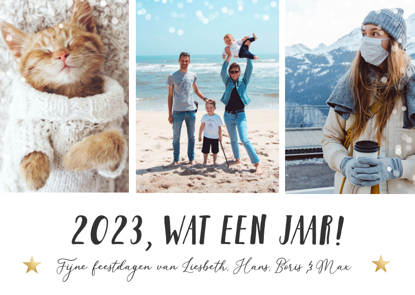 Fotokaart kerst sjabloon met 3 eigen foto's, tekst en namen - Fotokaarten Fotokaarten - Fotokaart kerst sjabloon met 3 eigen foto's, tekst en namen