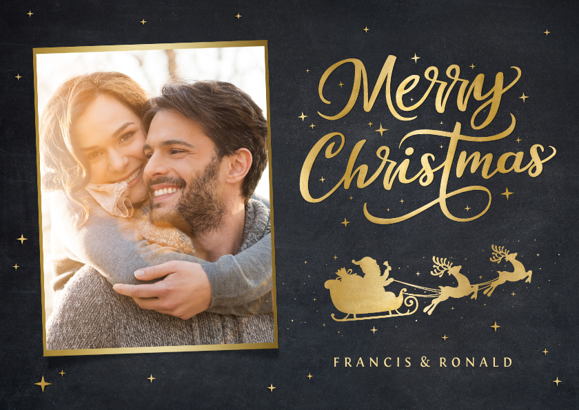 Fotokaarten - Fotokaart kerstmis christmas zwart met gouden arrenslee