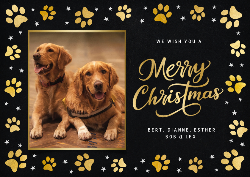 Fotokaart kerstmis - met foto van hond en gouden pootafdruk - Fotokaarten Fotokaarten - Fotokaart kerstmis - met foto van hond en gouden pootafdruk