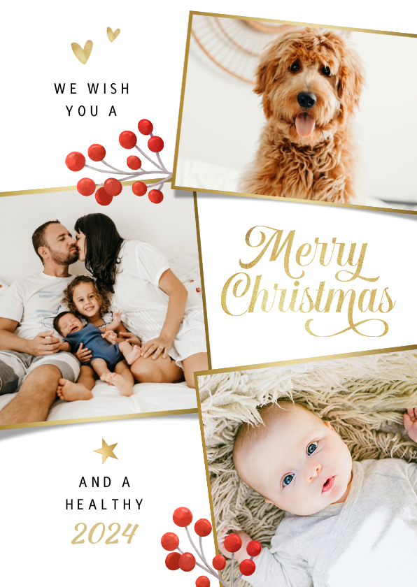 Fotokaarten - Fotokaart liefdevol fotocollage goud merry christmas besjes