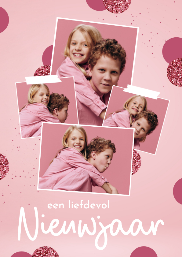 Fotokaart liefdevol nieuwjaar roze glitterconfetti collage - Fotokaarten Fotokaarten - Fotokaart liefdevol nieuwjaar roze glitterconfetti collage