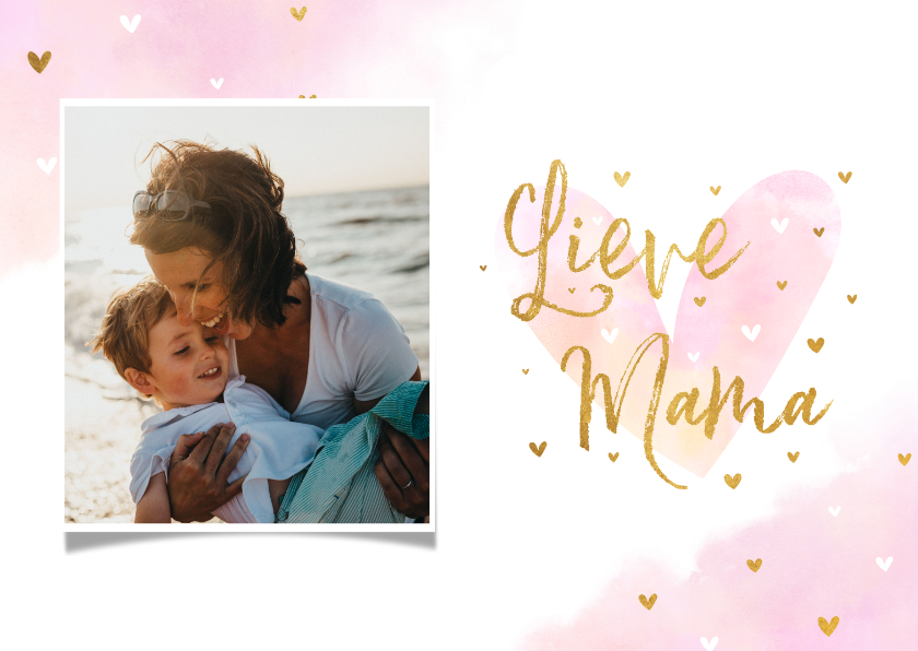 Fotokaarten - Fotokaart 'Lieve Mama' met hartjes goudlook