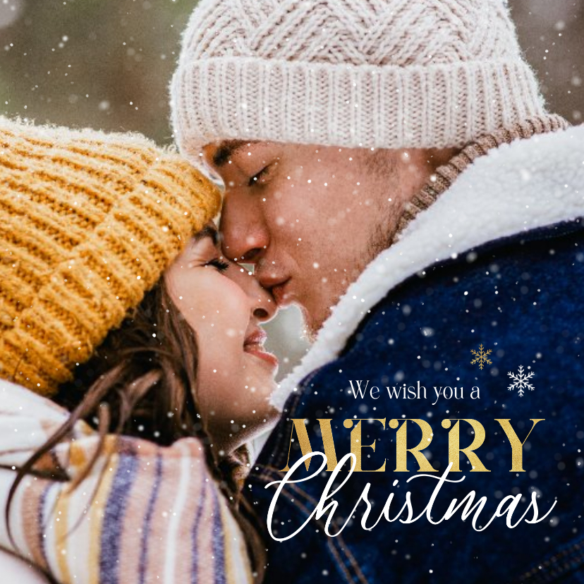 Fotokaarten - Fotokaart merry christmas goud foto sneeuwvlokken