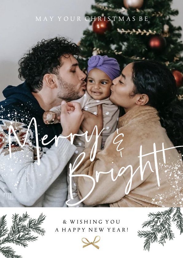 Fotokaart 'Merry & Bright' dennentakjes goudlook strikje - Fotokaarten Fotokaarten - Fotokaart 'Merry & Bright' dennentakjes goudlook strikje