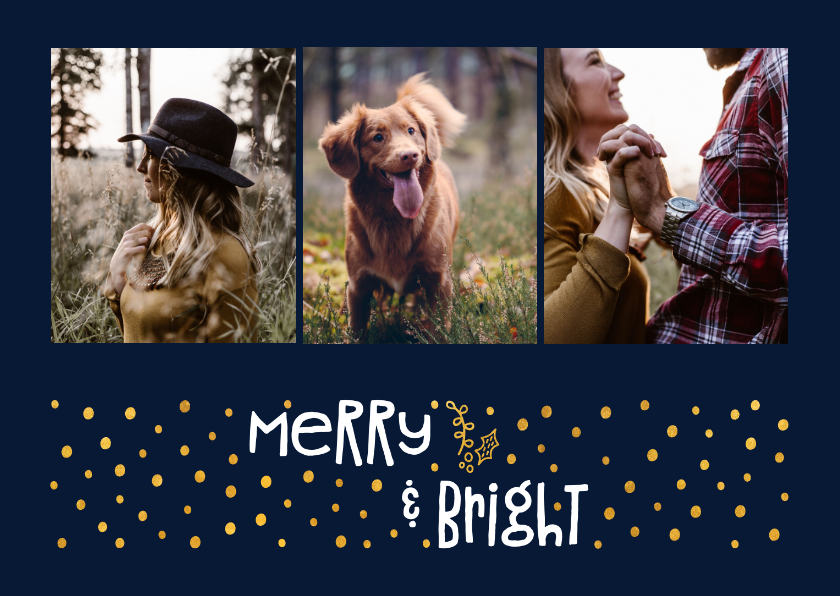 Fotokaart 'merry & bright' goudlook met foto's - Fotokaarten Fotokaarten - Fotokaart 'merry & bright' goudlook met foto's