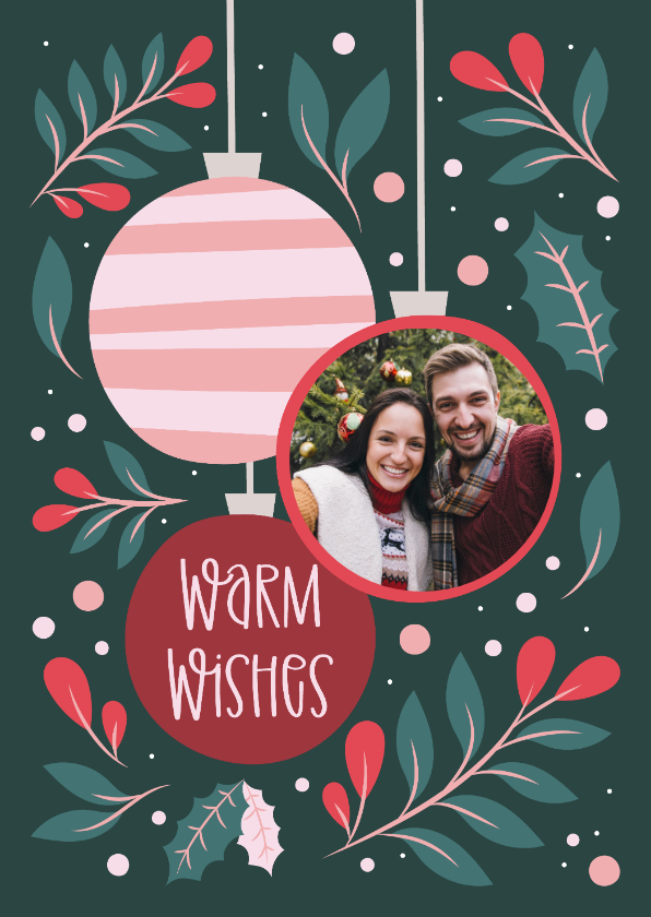 Fotokaarten - Fotokaart met foto in kerstbal warm wishes