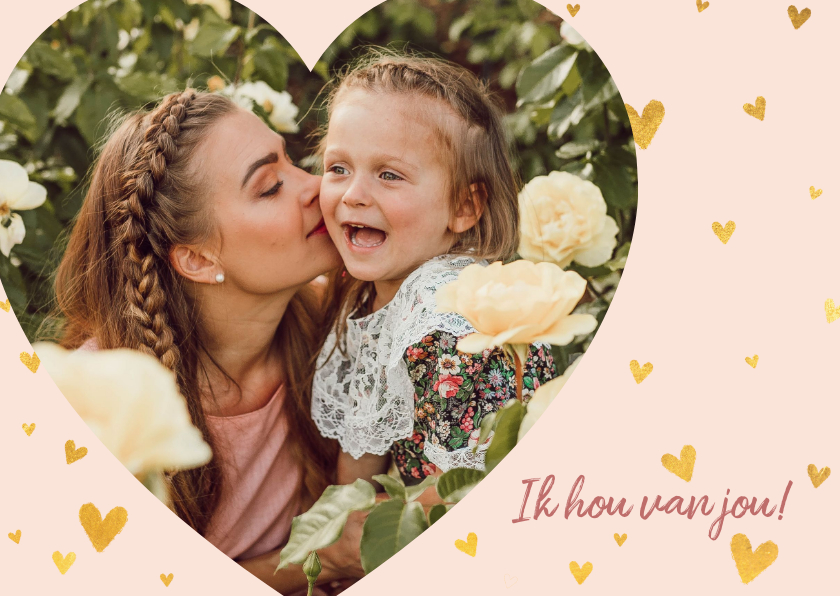 Fotokaart met gouden hartjes en foto in hartvorm - Fotokaarten Fotokaarten - Fotokaart met gouden hartjes en foto in hartvorm