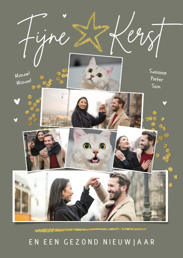 Fotokaarten - Fotokaart met kerstboom fotocollage sterren confetti goud