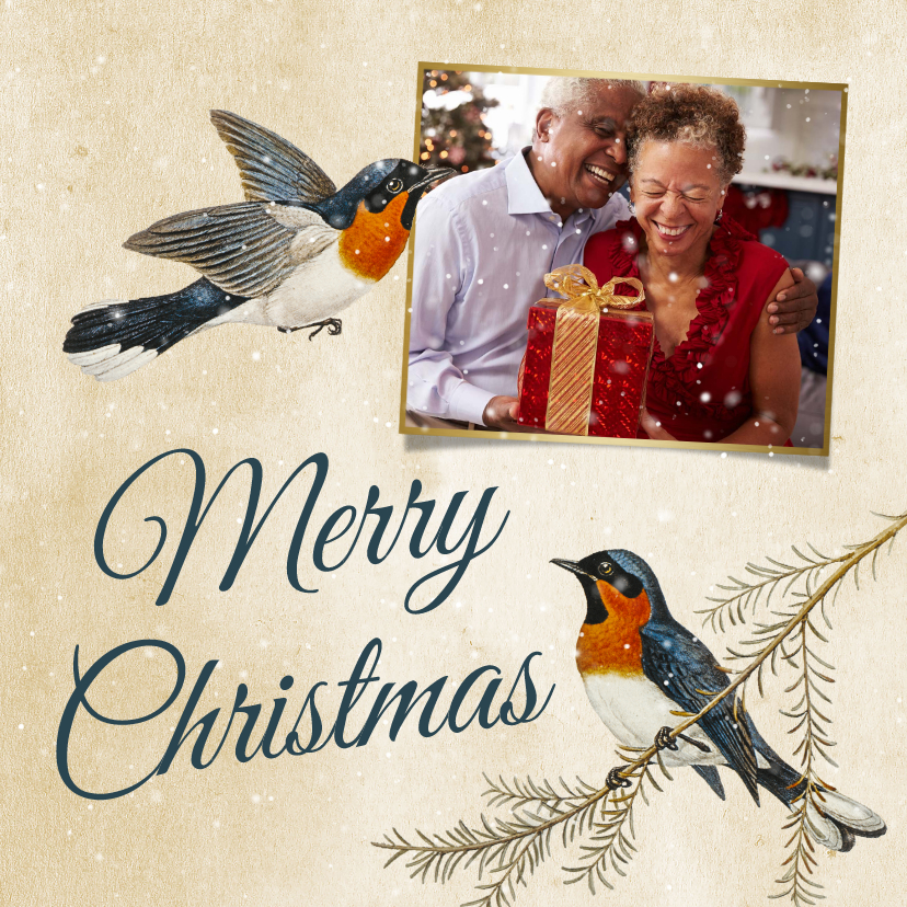 Fotokaart met roodborstjes Merry Christmas - Fotokaarten Fotokaarten - Fotokaart met roodborstjes Merry Christmas