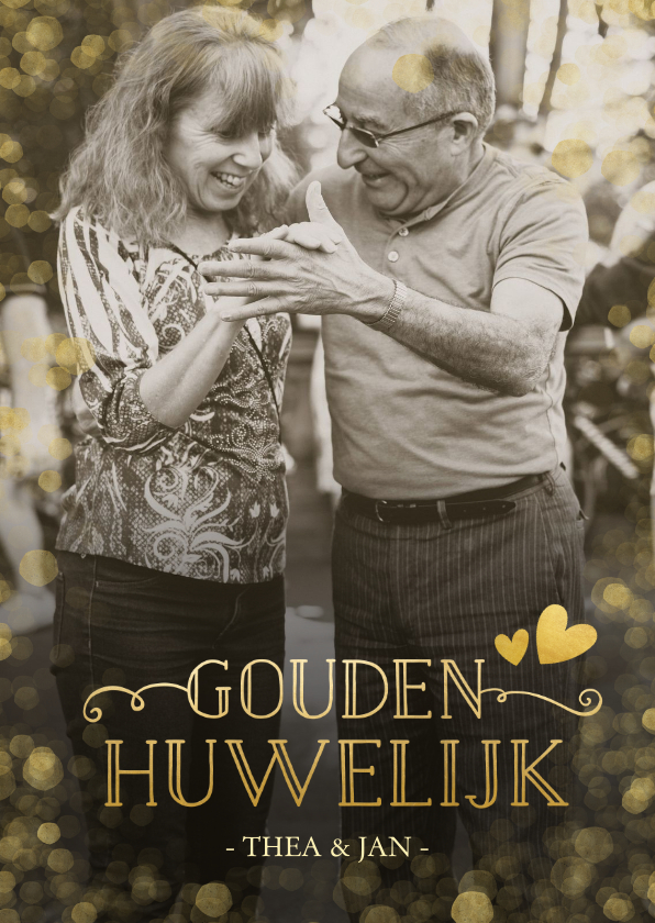 Fotokaarten - Fotokaart met uitnodiging gouden huwelijk confetti