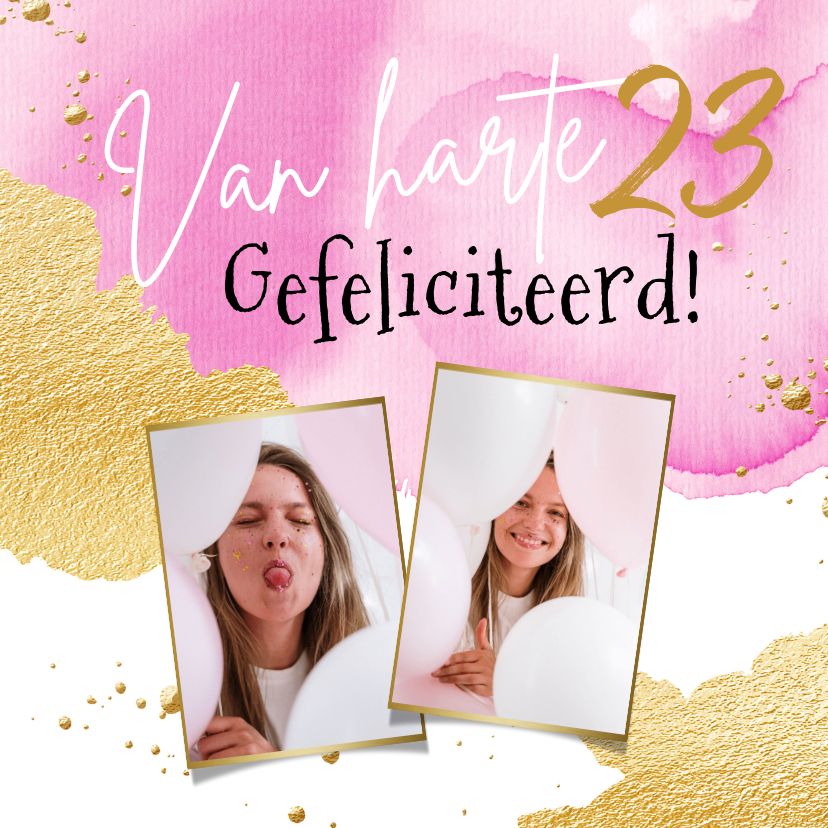 Fotokaart met watercolor in roze en goud - Fotokaarten Fotokaarten - Fotokaart met watercolor in roze en goud