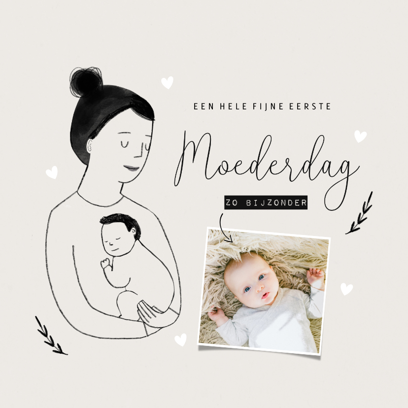 Fotokaarten - Fotokaart moederdag met portretje en hartjes minimalistisch