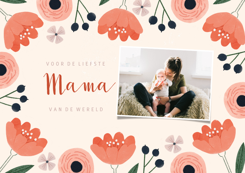 Fotokaarten - Fotokaart moederdag met roze bloemen en liefste mama