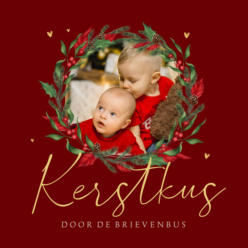 Fotokaart nostalgisch kerstkus krans hartjes foto takjes - Fotokaarten Fotokaarten - Fotokaart nostalgisch kerstkus krans hartjes foto takjes
