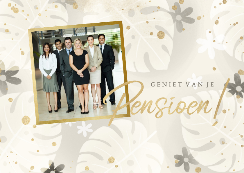 Fotokaart pensioen met Monstera bladeren en bloemen - Fotokaarten Fotokaarten - Fotokaart pensioen met Monstera bladeren en bloemen