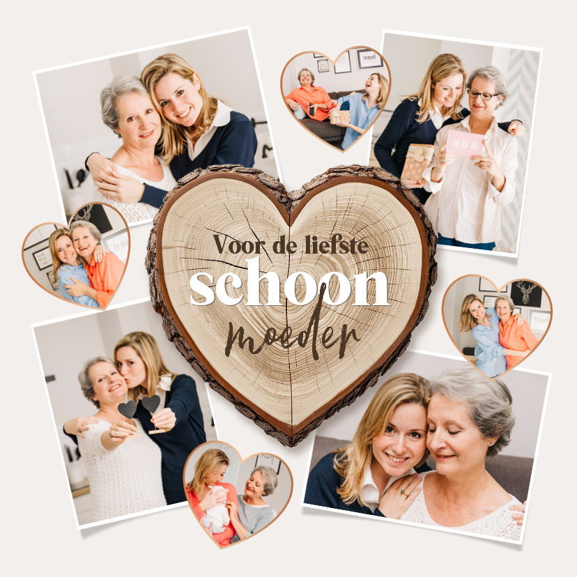 Fotokaart schoonmoeder fotocollage hartjes hout - Fotokaarten Fotokaarten - Fotokaart schoonmoeder fotocollage hartjes hout