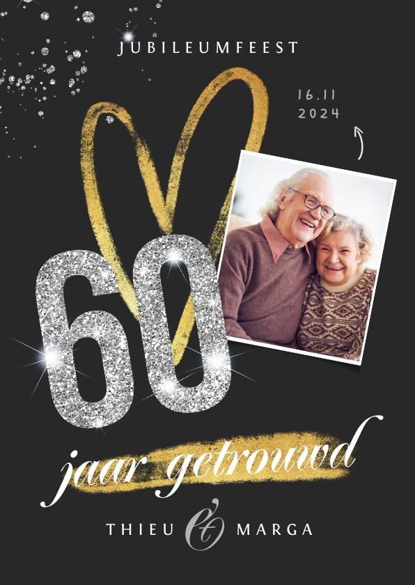 Fotokaart uitnodiging 60 jaar diamant foto glitter goud - Fotokaarten Fotokaarten - Fotokaart uitnodiging 60 jaar diamant foto glitter goud