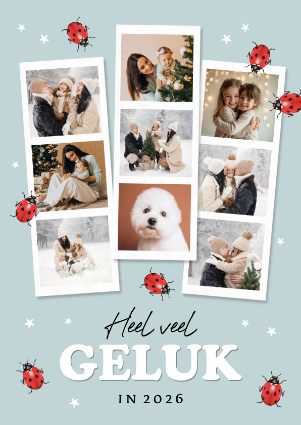 Fotokaart veel geluk nieuwjaar 2026 lieveheersbeestjes foto - Fotokaarten Fotokaarten - Fotokaart veel geluk nieuwjaar 2026 lieveheersbeestjes foto